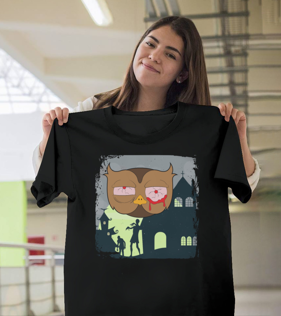 Creepy Halloween Animals Owl Zombie Night Scene T-Shirt