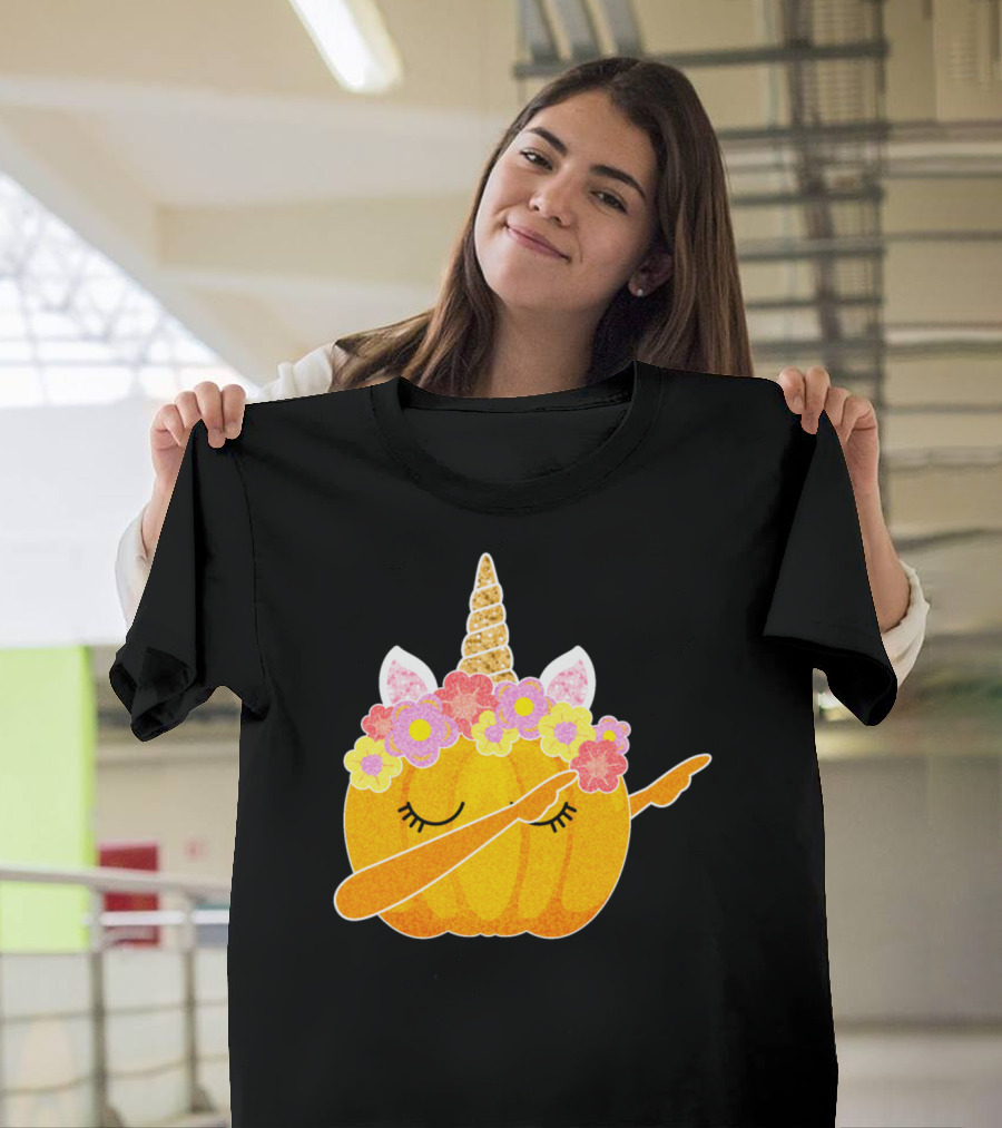 Cute Floral Dabbing Pumpkin Unicorn T-Shirt