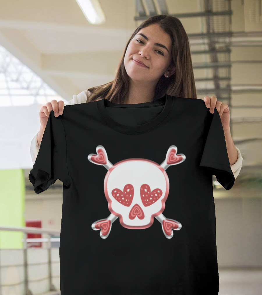 Cute Pink Heart Skull With Crossbones Hearts T-Shirt
