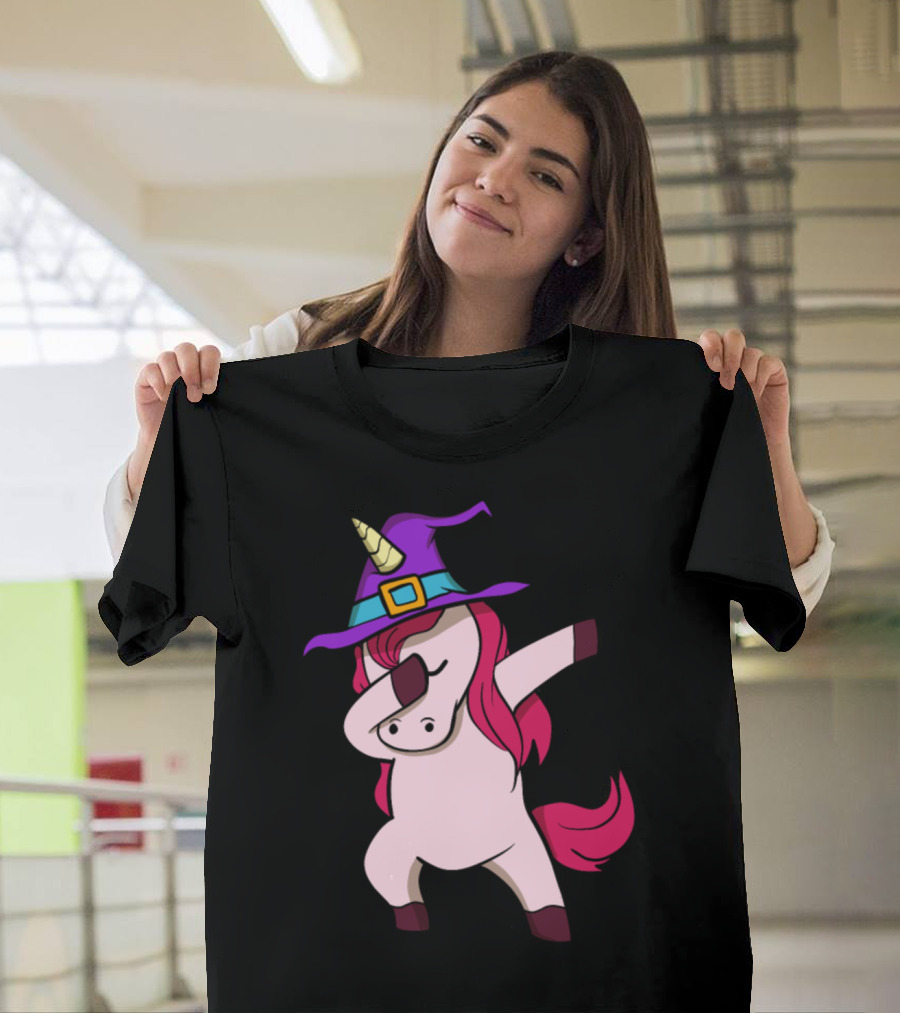 Dabbing Unicorn with Witch Hat Halloween Animals T-Shirt