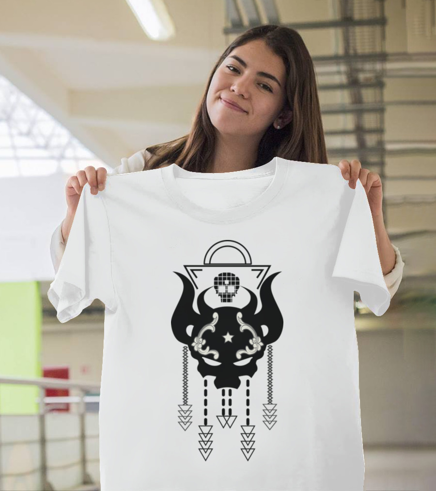 Bull Skull Mandala with Geometric Arrows and Star on Dark Bone Skull Background T-Shirt