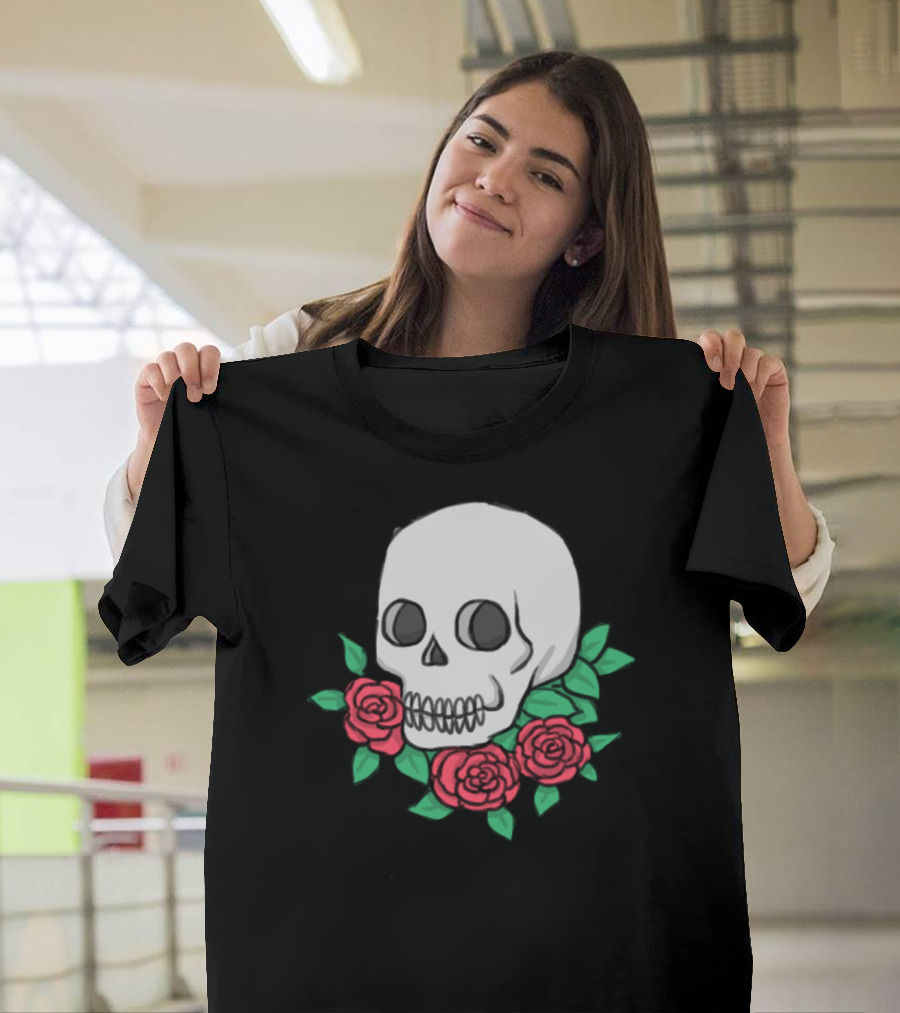 Floral Skull Roses and Leaves T-Shirt