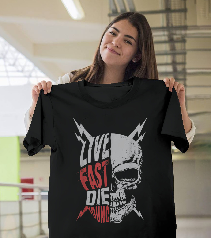 LIVE FAST DIE YOUNG Skull Lightning Bolt T-Shirt