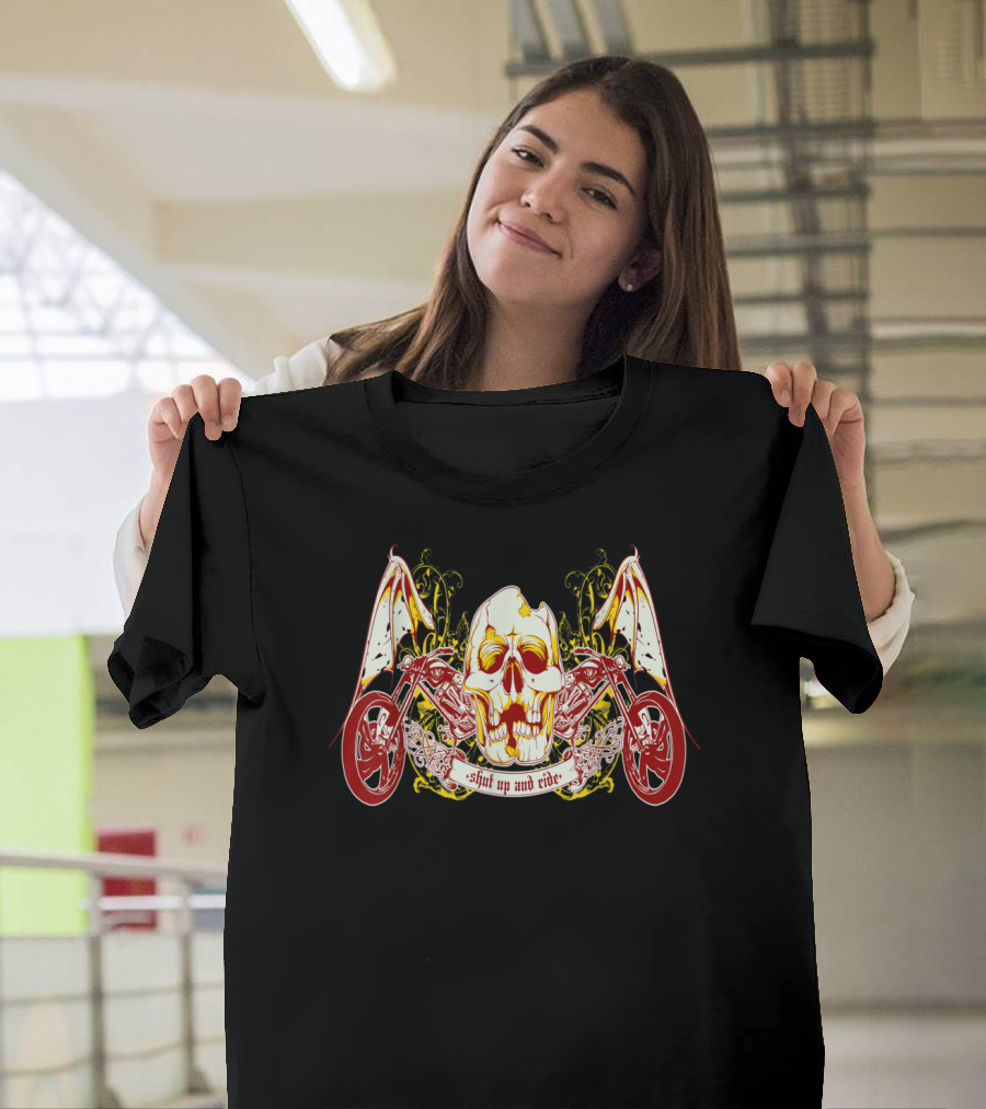 Shut Up And Ride Skull Wings Motorcycle Biker T-Shirt