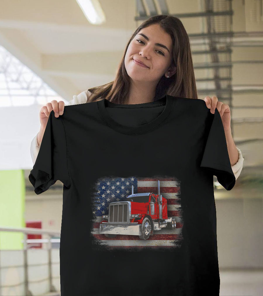 Red Big Rig Truck Overlaid on American Flag Background T-Shirt