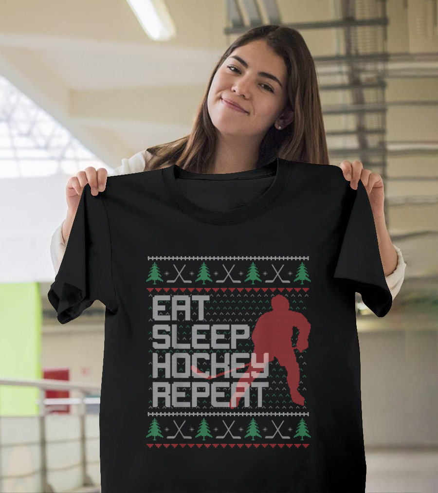 Eat Sleep Hockey Repeat Ugly Christmas Sweater Style Holiday Jumper T-Shirt