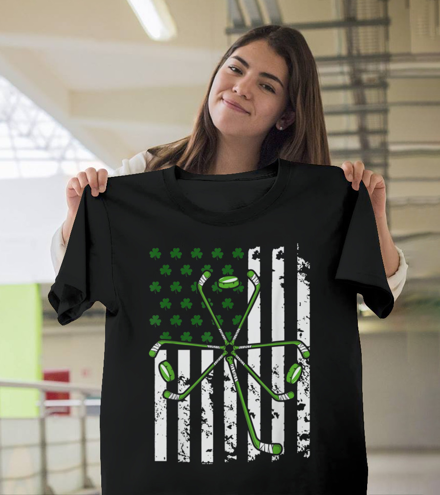 Irish American Hockey St Patrick's Day Flag Shamrock T-Shirt