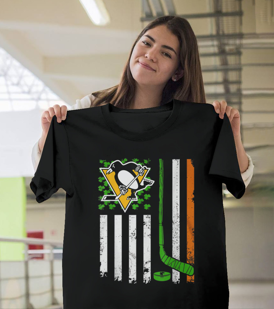 St Patrick Day Penguins Hockey Flag Irish American Team T-Shirt