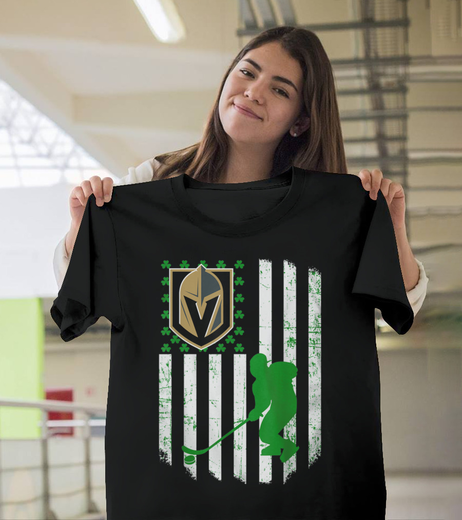 Vegas Golden Knights St Patrick's Day Hockey Flag with Shamrocks T-Shirt