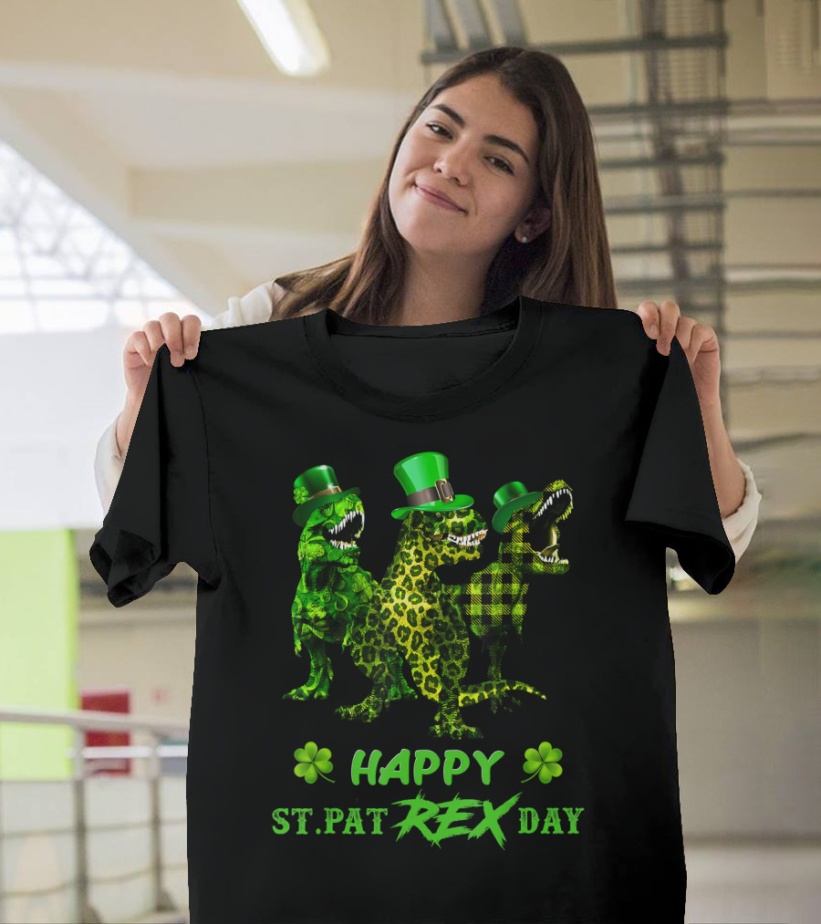 Happy St Pat Rex Day Dinosaur Trio with Shamrocks and Leprechaun Hats T-Shirt