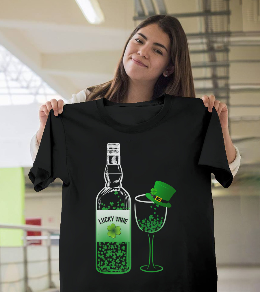 Lucky Wine Shamrock Bottle and Green Hat Wine Glass for St Patrick's Day T-Shirt