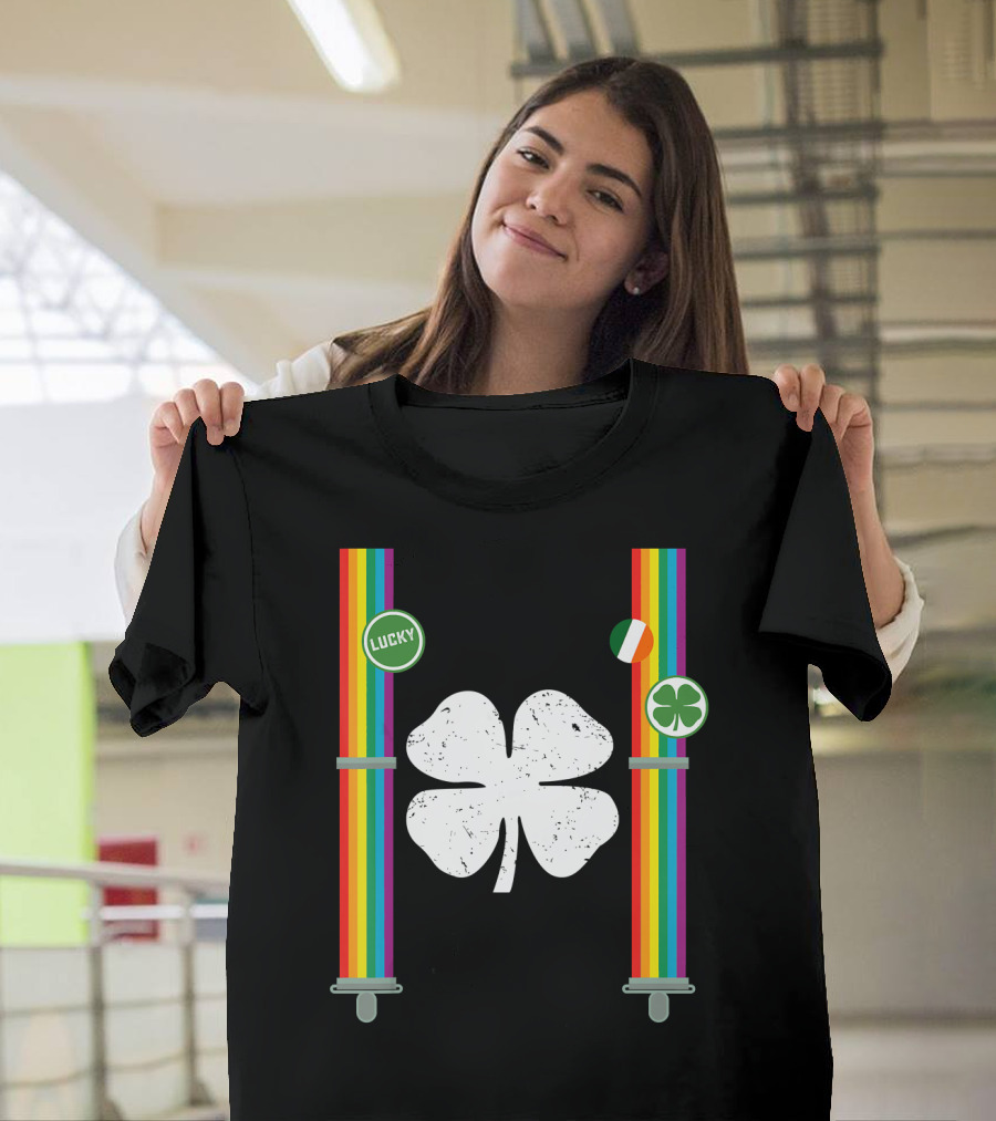 St. Patrick's Day Lucky Rainbow Suspenders Clover with Irish Flag T-Shirt