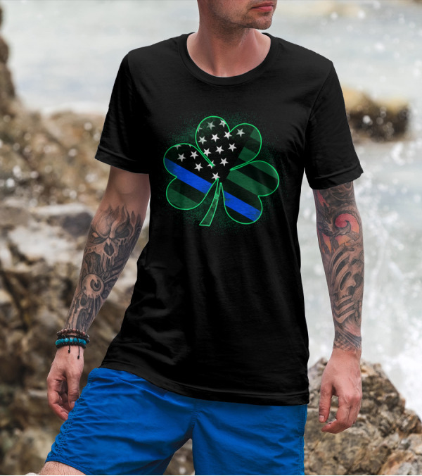 Thin Blue Line American Flag St Patrick's Day Clover T-Shirt