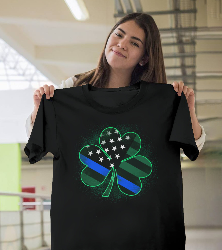 Thin Blue Line American Flag St Patrick's Day Clover T-Shirt