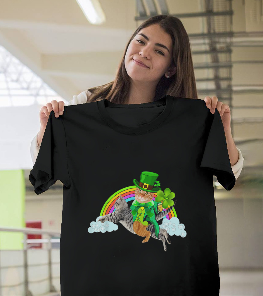 Leprechaun Cat with Clover Riding Cat Over Rainbow T-Shirt