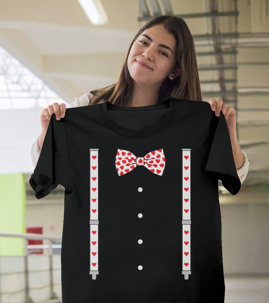 Hearts Pattern Bow Tie and Suspenders with Buttons T-Shirt