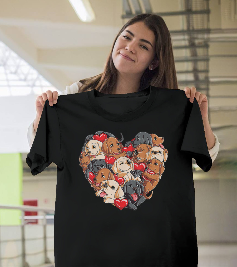 Valentines Day Labrador Puppy Heart with Adorable Cartoon Dogs and Red Hearts T-Shirt