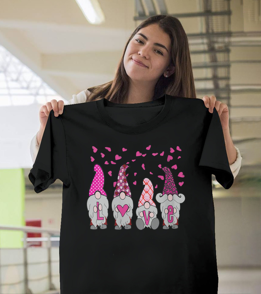 Cute Nordic Gnomes Love Hearts Leopard Pink Valentine's Day T-Shirt