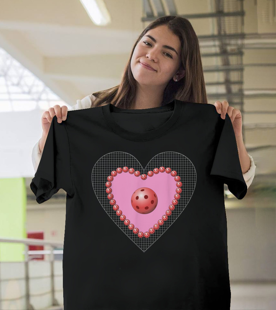 Valentine Pickleball Heart with Red Balls and Grid Background T-Shirt