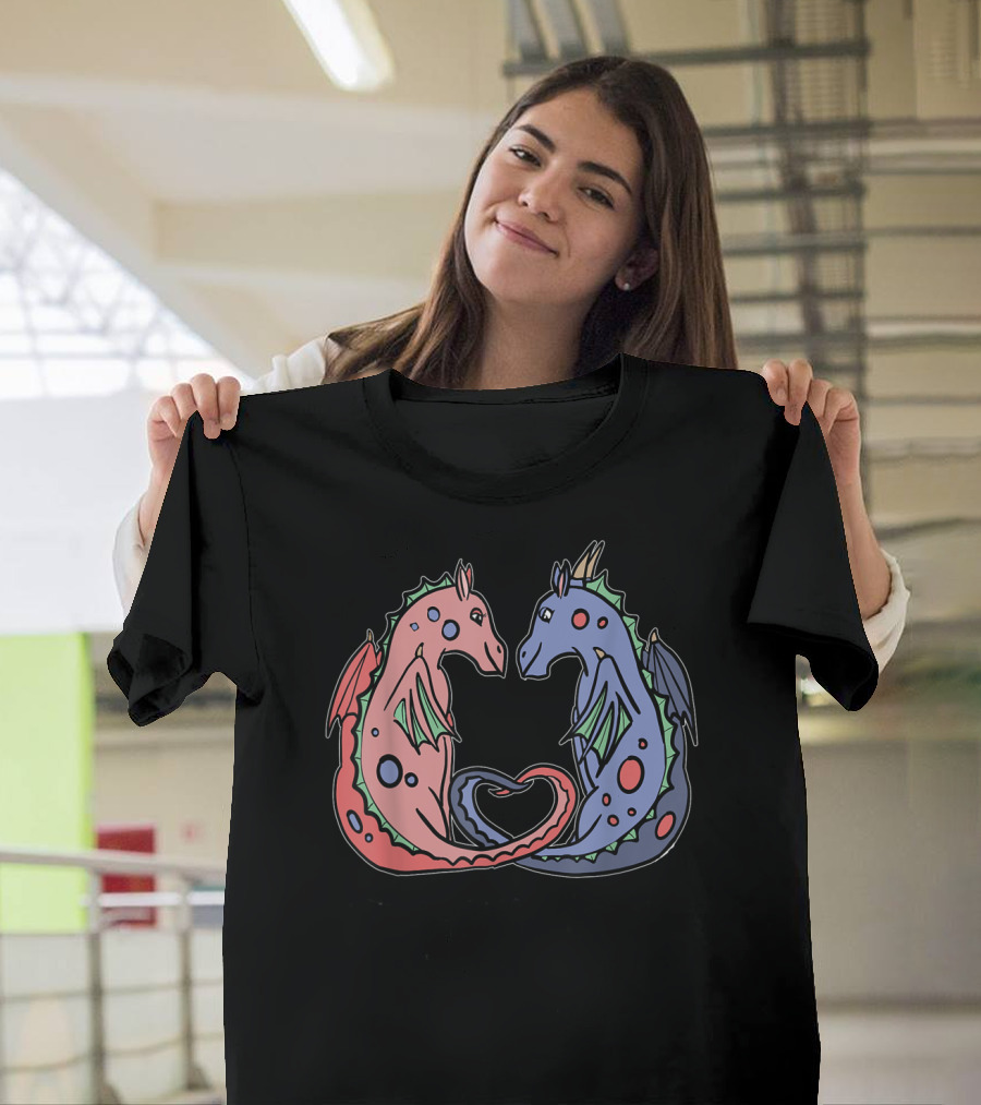 Adorable Heart-Shaped Dragon Duo in Pink and Blue T-Shirt