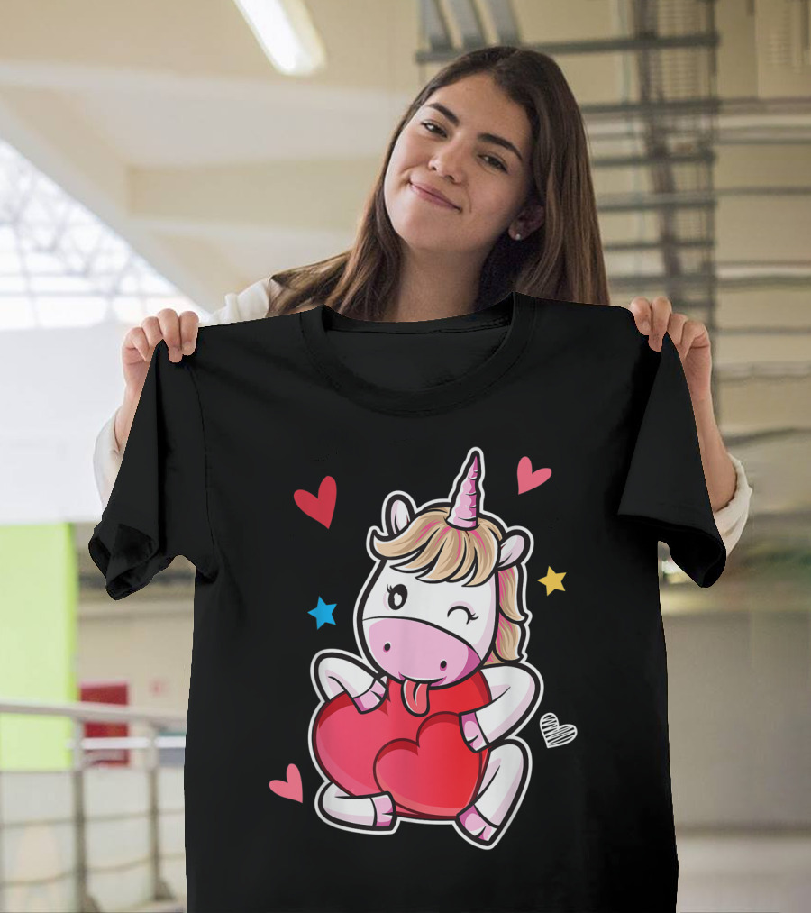 Unicorn Hugging Heart Surrounded by Valentine Stars and Hearts T-Shirt