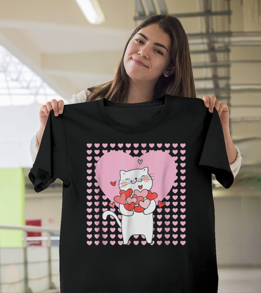 Happy Valentine Cat Holding Hearts Surrounded by Pink Hearts T-Shirt