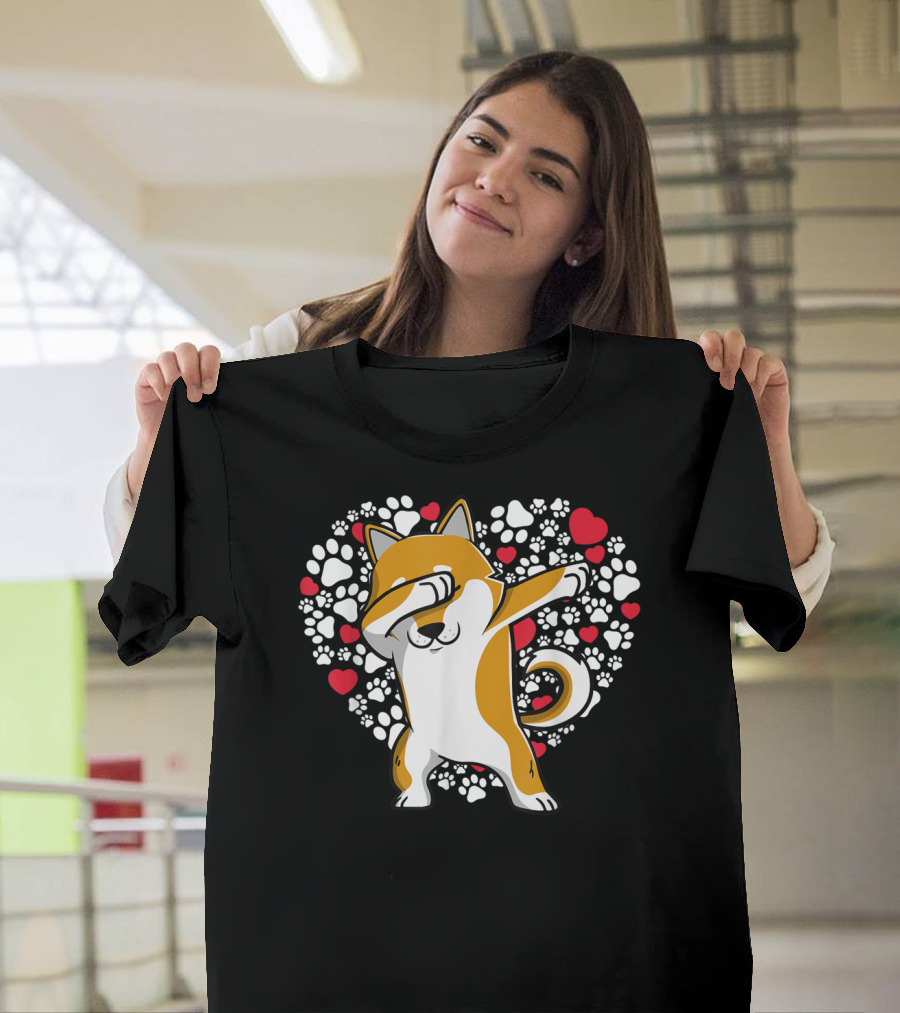 Shiba Inu Dog Dabbing Valentine Funny Heart and Paw Prints T-Shirt