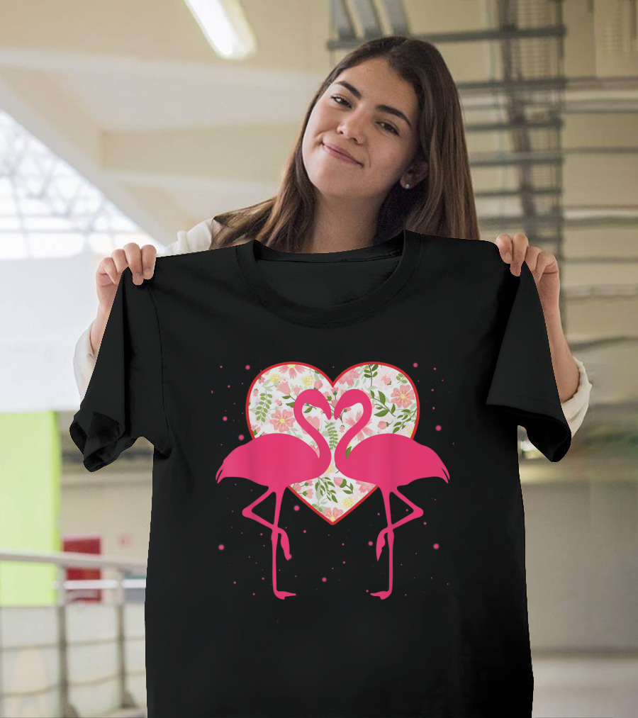 Valentine Pink Flamingos Heart Floral Flamingo Lover T-Shirt
