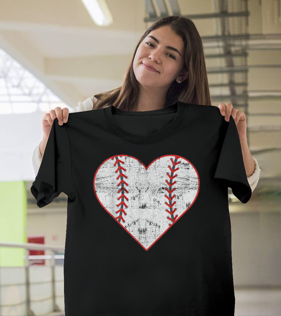Valentines Day Vintage Baseball Heart Stitch T-Shirt
