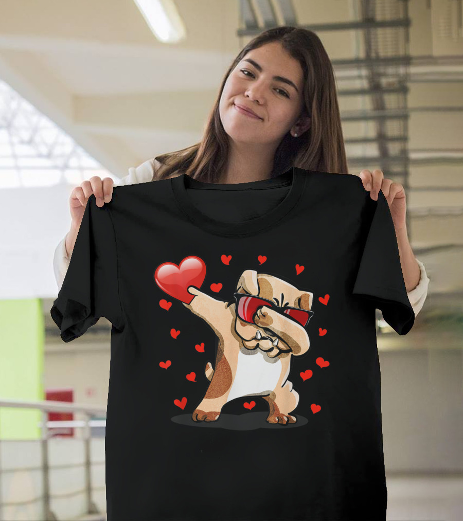 Dabbing Bulldog Sunglasses Holding Heart Surrounded by Valentines Day Hearts T-Shirt