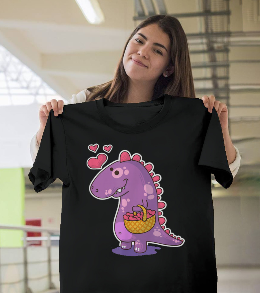 Valentines Day Dinosaur Girls I Love You Hearts Basket T-Shirt