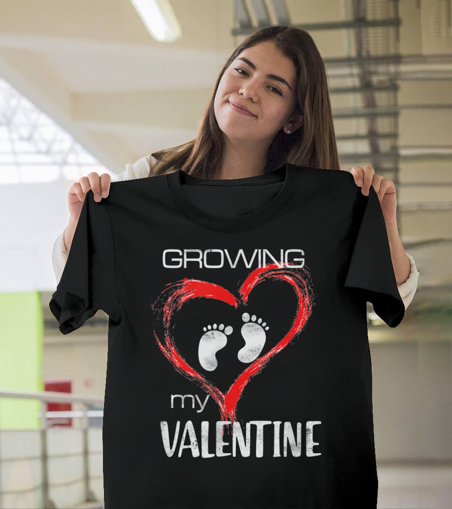 GROWING MY VALENTINE Heart Baby Footprints Pregnancy Announcement T-Shirt