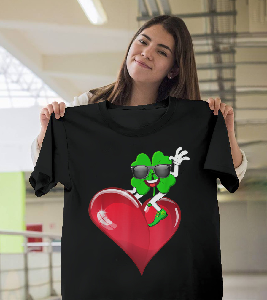 Shamrock Riding Heart with Sunglasses St Patrick's Day T-Shirt