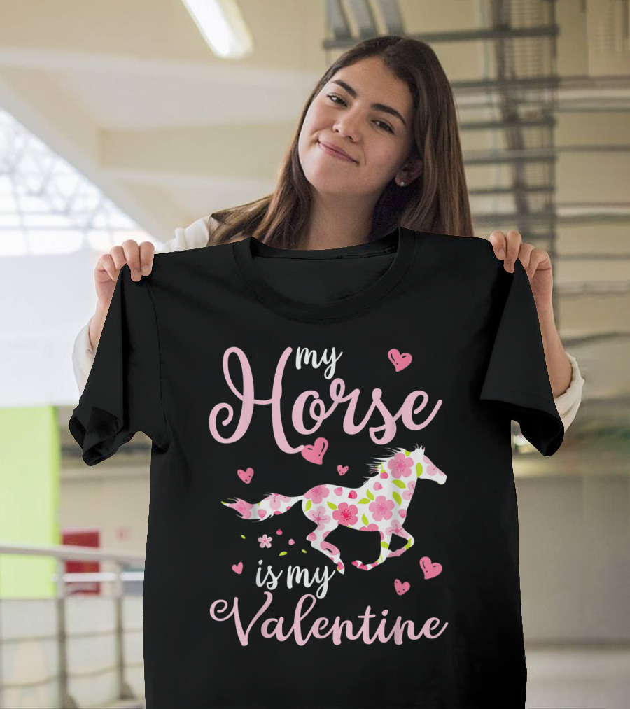 My Horse Is My Valentine Heart Floral Horseback T-Shirt