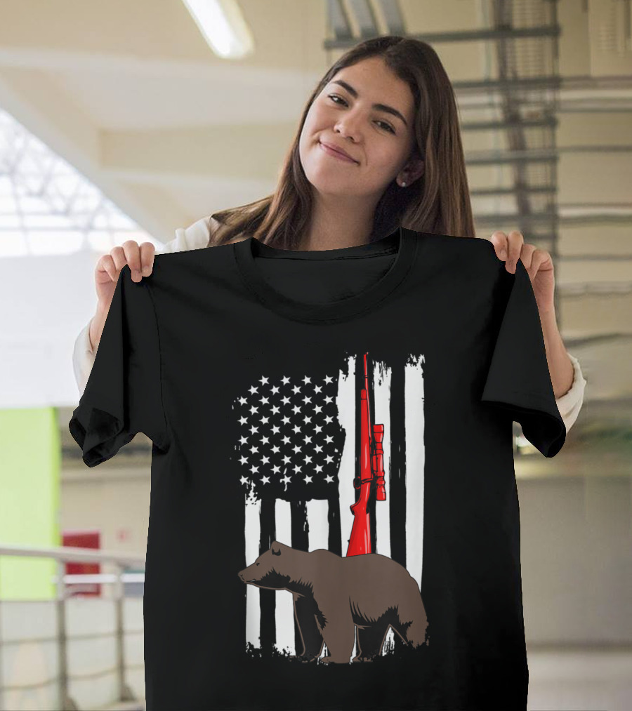 Bear Hunting US Flag with Rifle and Bear T-Shirt