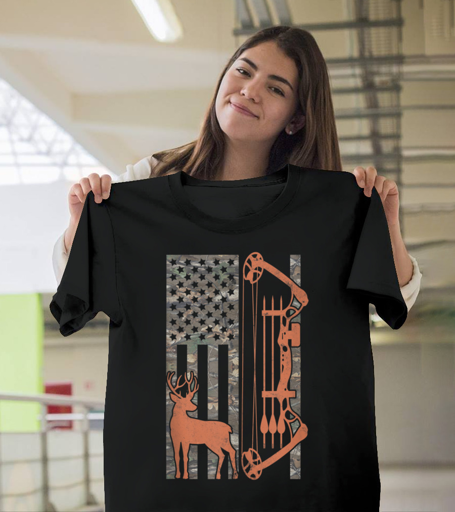 American Flag Camouflage with Bow Hunting Deer T-Shirt