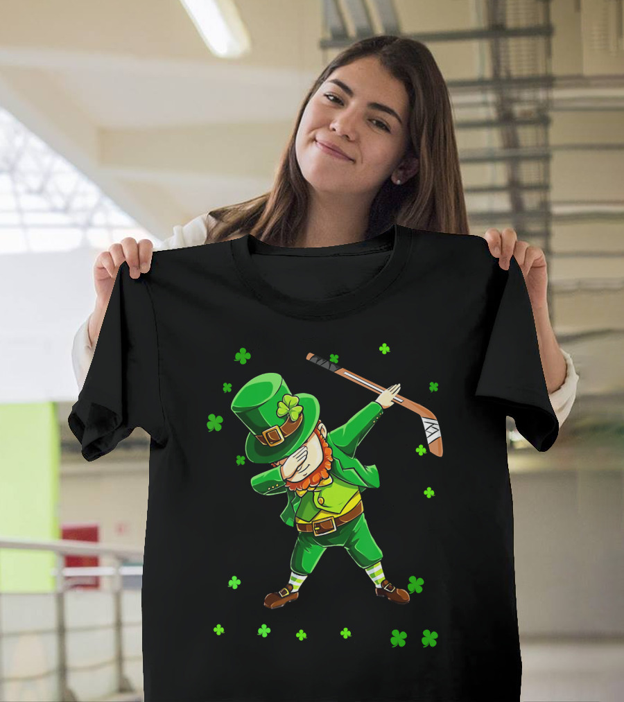 St. Patrick's Day Dabbing Leprechaun with Hockey Stick and Shamrocks T-Shirt