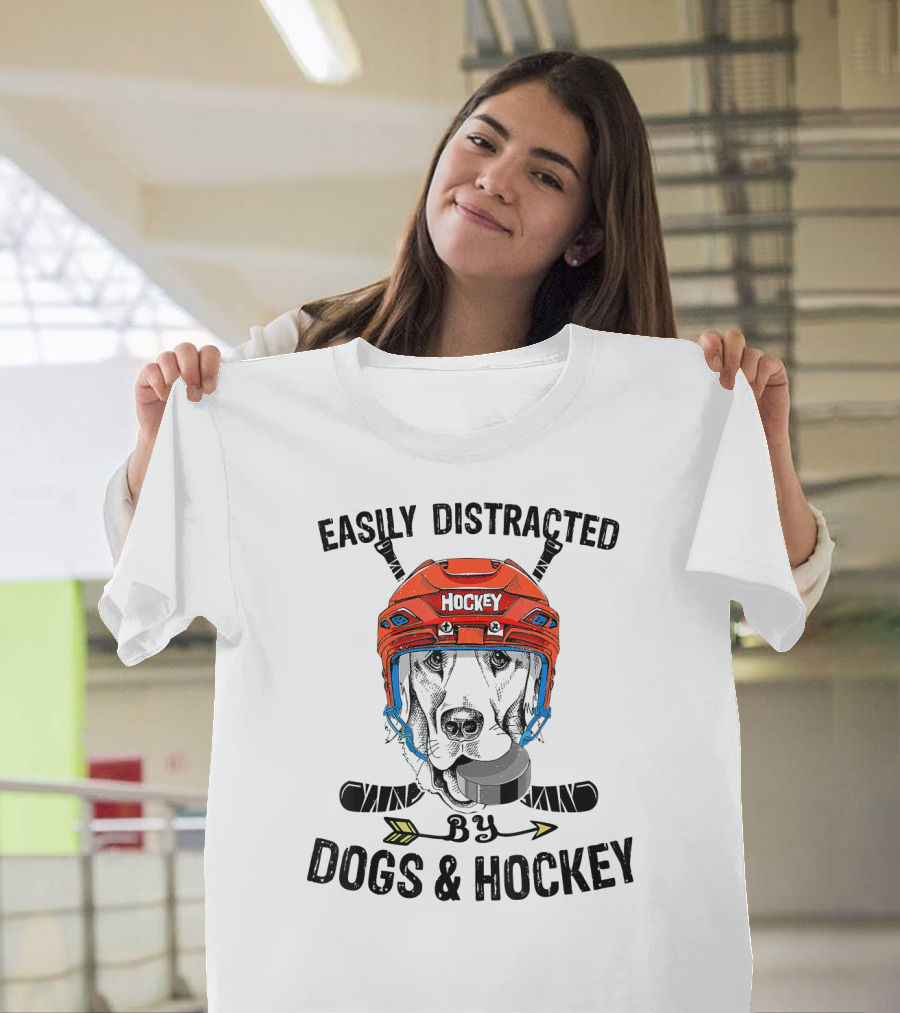 Easily Distracted By Dogs And Hockey Helmet Dog with Puck T-Shirt