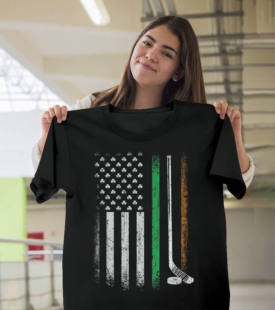 Ice Hockey St Patrick's Day American Flag with Shamrocks and Irish Colors T-Shirt