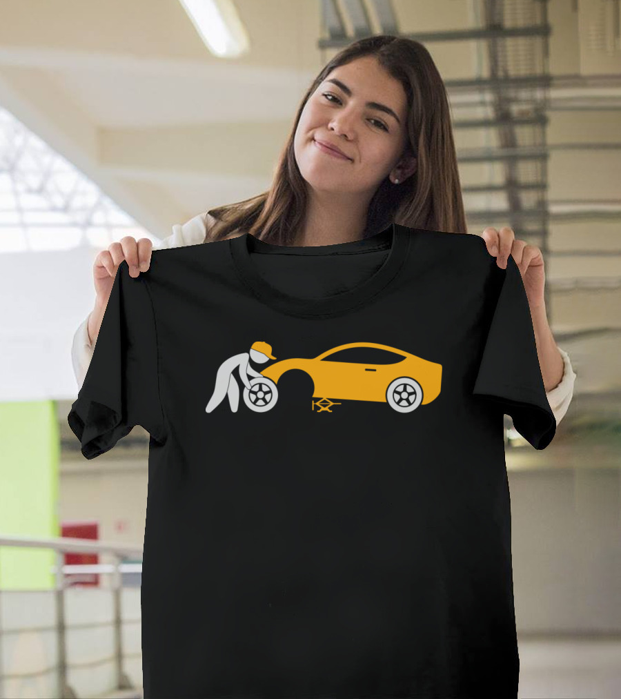 Mechanic Repairing Car Silhouette with Orange Sports Car T-Shirt
