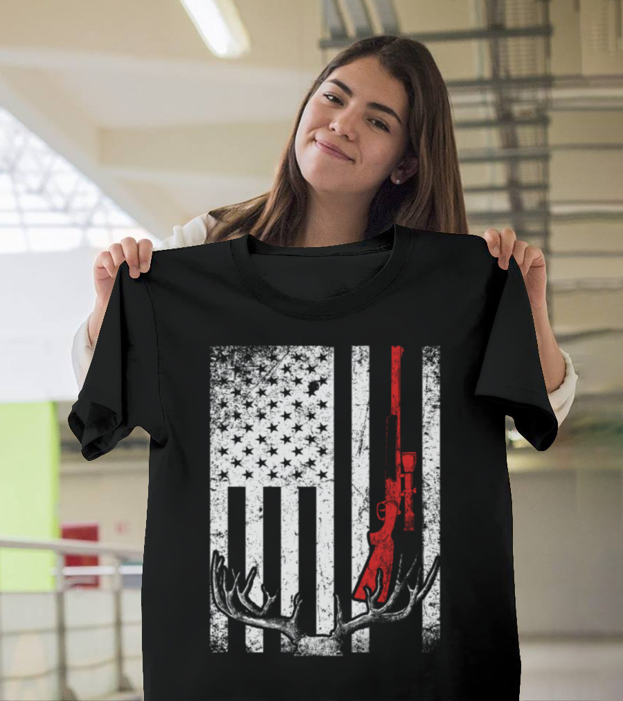 Rustic American Flag Deer Hunting Rifle Antlers T-Shirt