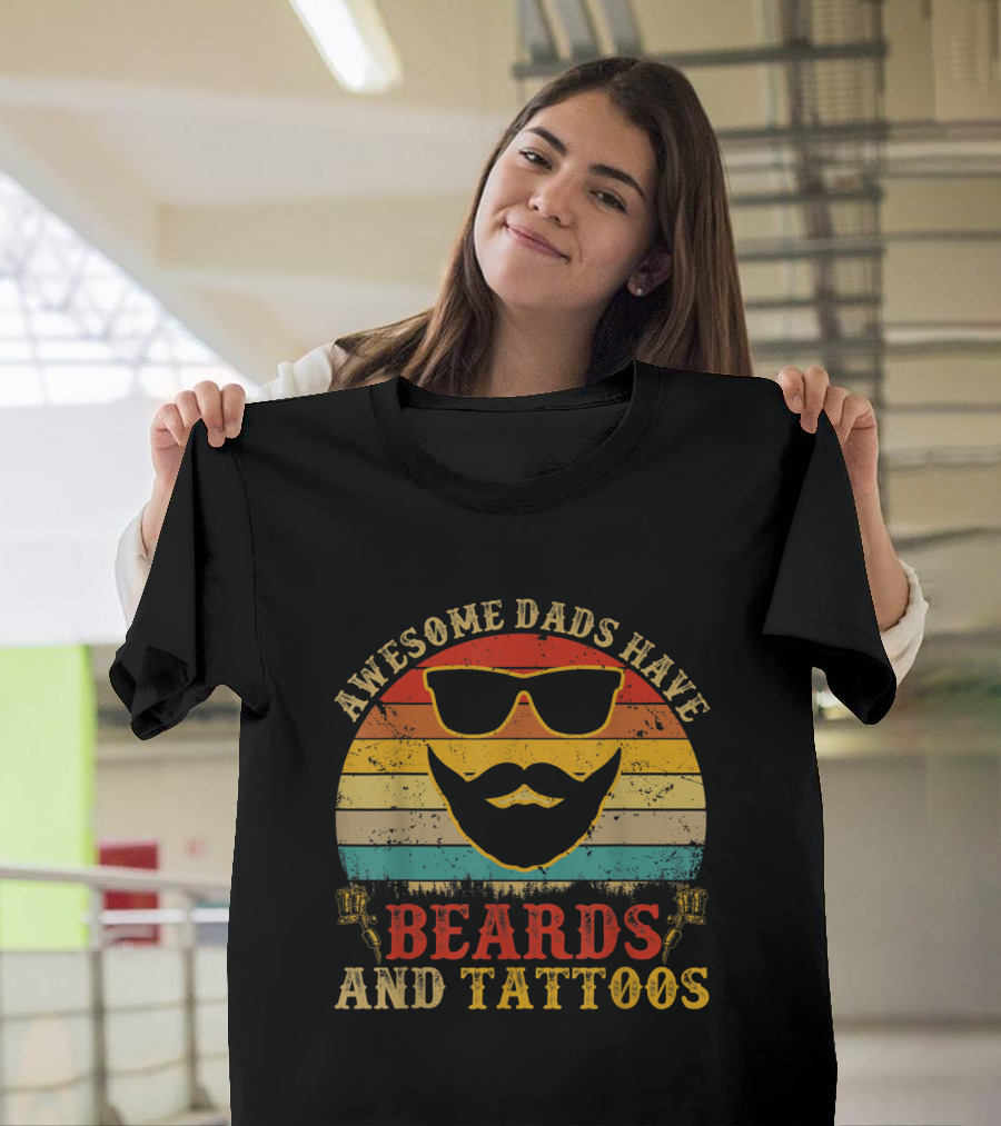 Awesome Dads Have Beards And Tattoos Retro Beard Sunglasses T-Shirt