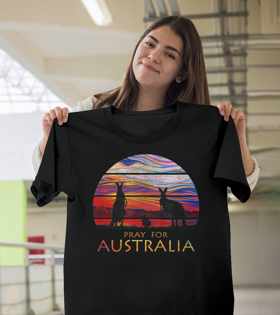 Extinction Rebellion Pray For Australia Kangaroo Silhouette at Sunset Ocean Rainbow Stripes T-Shirt