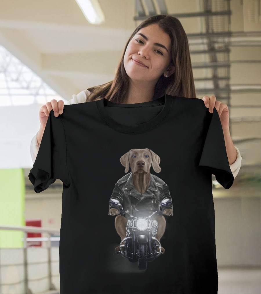 Weimaraner Dog Riding Motorcycle in Biker Leather Jacket T-Shirt