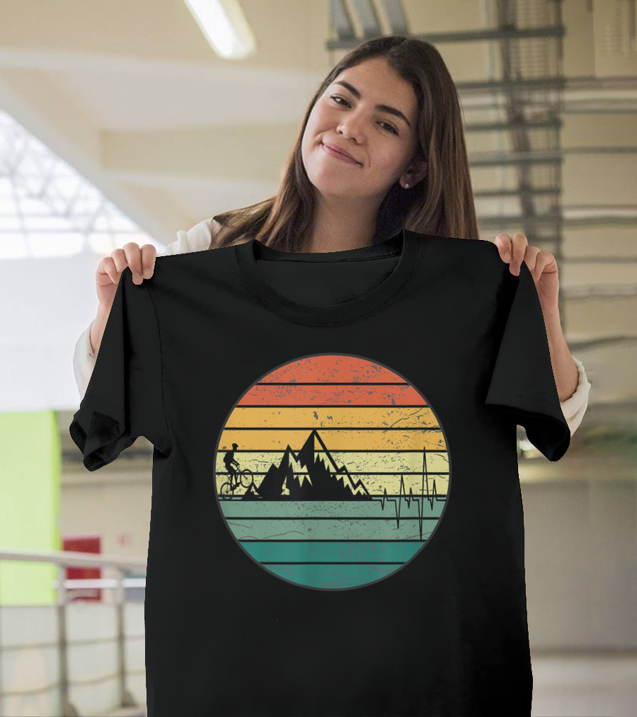 Funny Mountain Bike Heartbeat with Cyclist and Mountains Retro Sunset T-Shirt