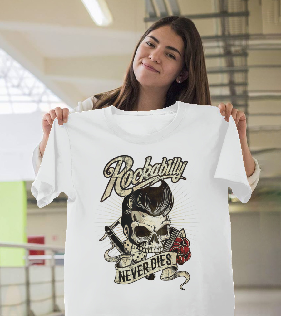 Rockabilly Never Dies Skull Barber Hipster Comb Dice Rose T-Shirt