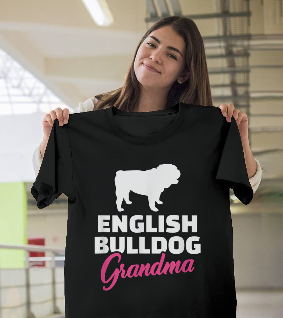 English Bulldog Grandma White Silhouette Pink Script T-Shirt