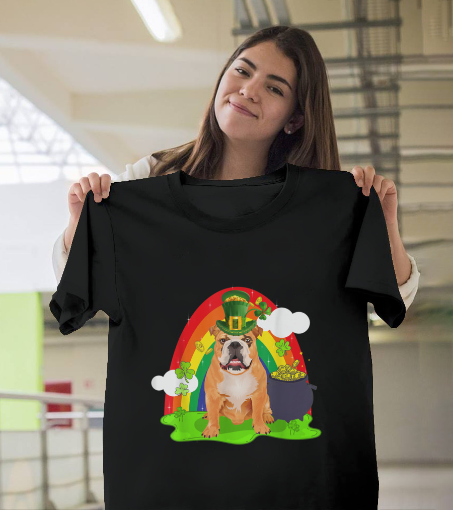 Lucky English Bulldog Leprechaun with Rainbow and Pot of Gold T-Shirt