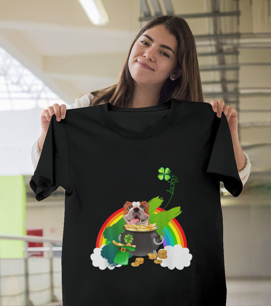 Lucky English Bulldog Rainbow Pot of Gold Shamrock T-Shirt