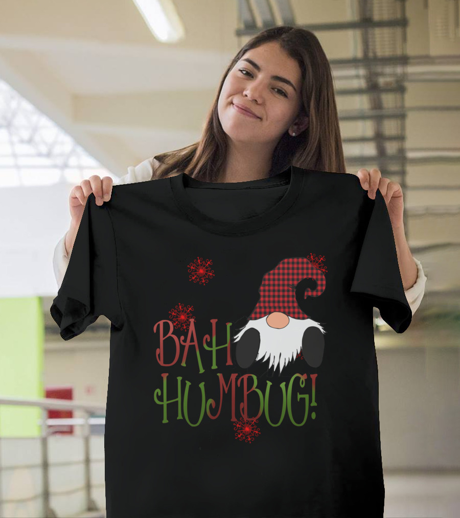 Bah Humbug Gnome Red Plaid Hat Grumpy Holiday with Snowflakes T-Shirt